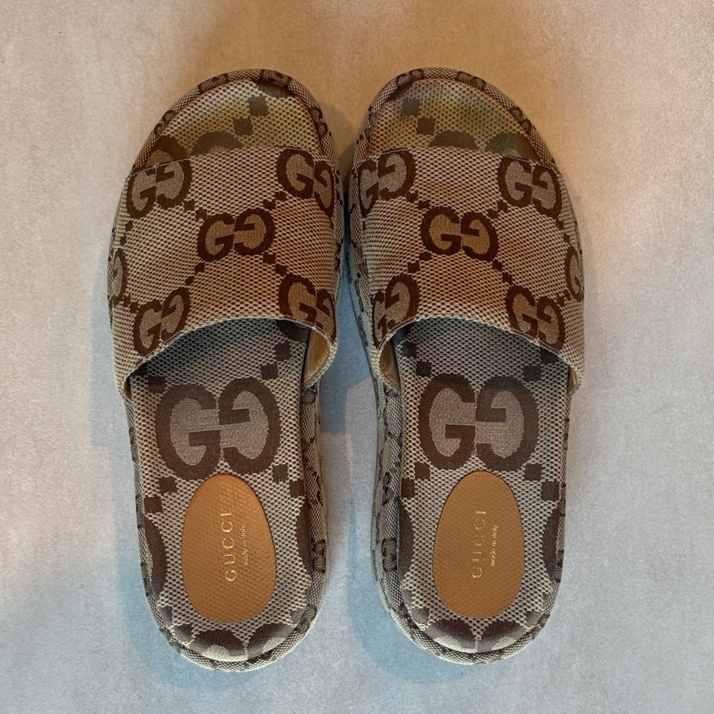Gucci Beige and Brown GG Slide Sandals
